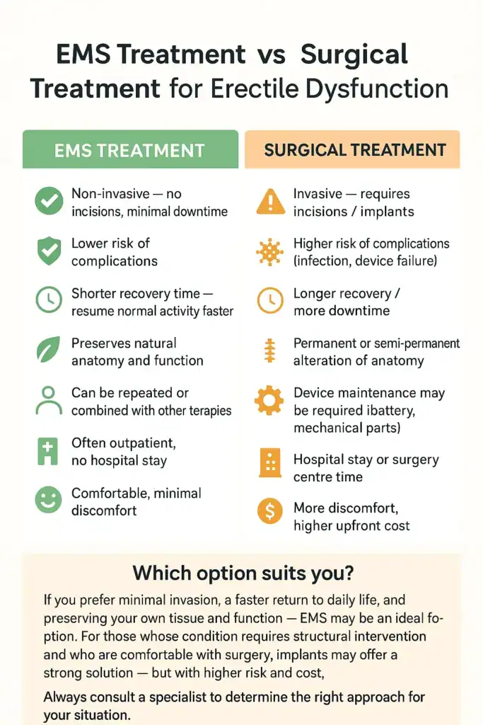 A table showing the benefits of EMS chair for erectile dysfunction treatment Exeter compared to surgery.
